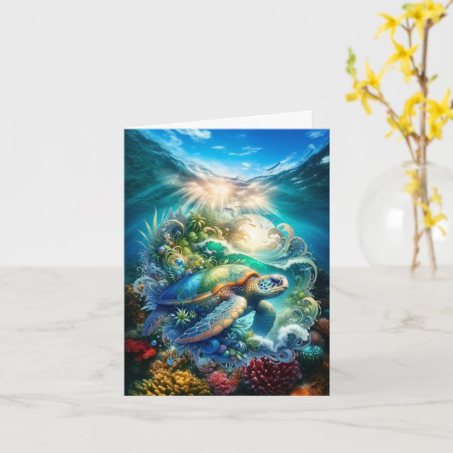 Vackert vattendroppskort för sköldpaddor i havet kort (Gul blomma)