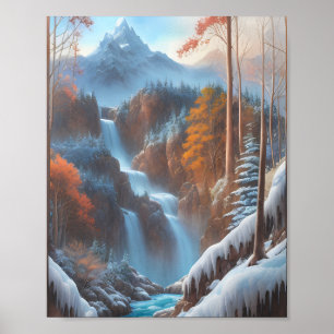 Vackert vattenfall i en snöskog poster
