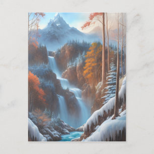 Vackert vattenfall i en snöskog vykort