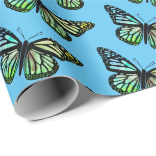 Vackert vattenfärg Butterflies Mönster Blue Guld Presentpapper