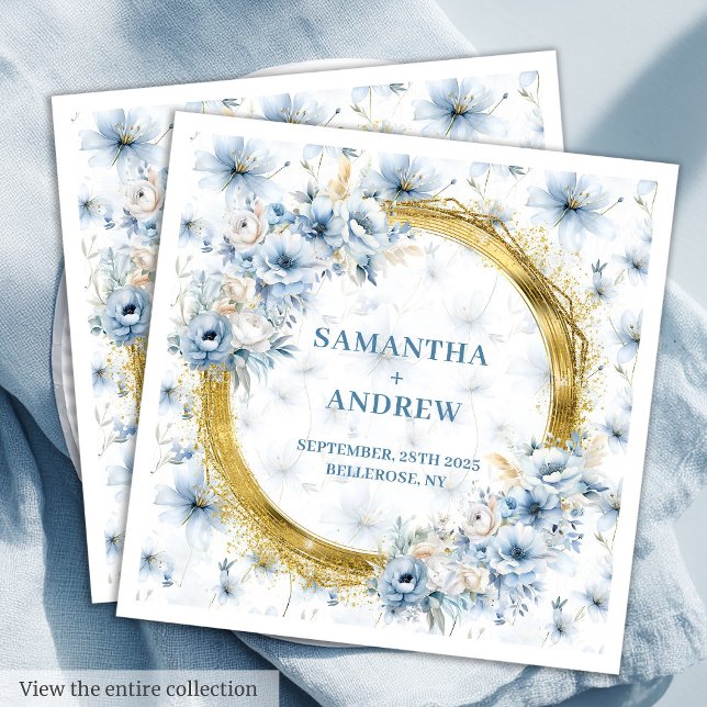 Vackert vattenfärg Dusty Blue Guld accent Napkin Pappersservett (Beautiful Watercolor Dusty Blue Gold Accent Napkin)
