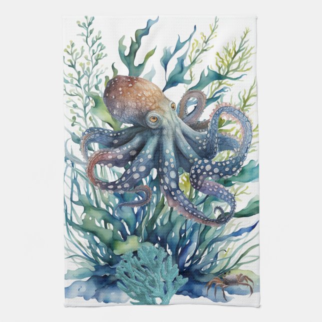 Vackert vattenfärg Octopus Kitchen Towel Kökshandduk (Vertikal)