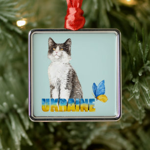 Vackert vattenfärg Ukraina Katt och fjäril Julgransprydnad Metall
