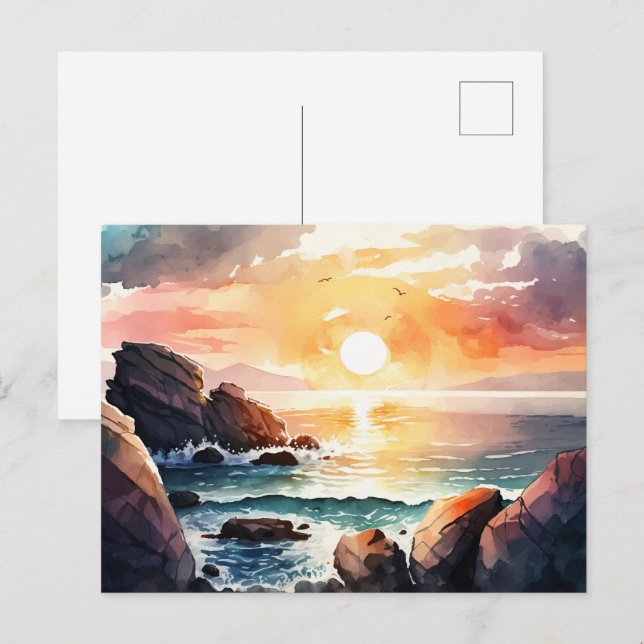 Vackert vattenfärgat Ocean Sunset liggande Vykort (Fram/baksida)