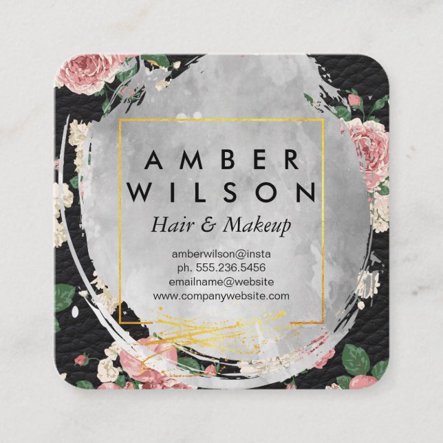 Vackert vattenfärgsfärgad Blommigt Guld Foil-läder Fyrkantigt Visitkort (Framsida)