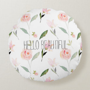 Vackert vattenfärgsfärgat Blommigt  Rosa Rund Kudde