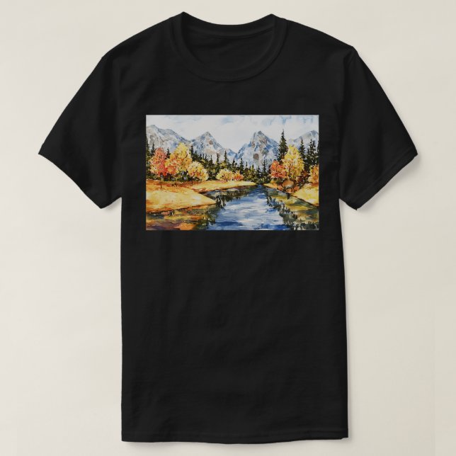 Vackert vattenfärgsflod och bergslandskap t shirt (Design framsida)