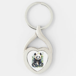 Vackert vattenfärgspanda Bear Twisted Heart Silverfärgad Nyckelring