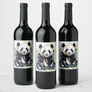 Vackert vattenfärgspanda Bear Vinflaska Etikett