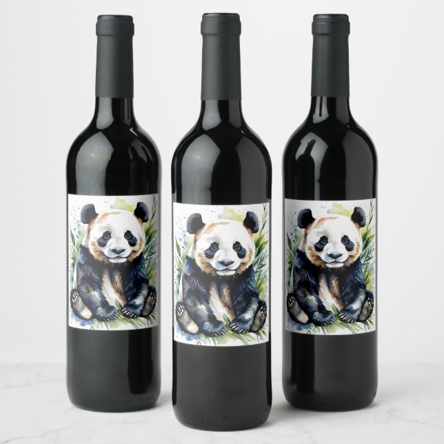 Vackert vattenfärgspanda Bear Vinflaska Etikett (Flaskor)