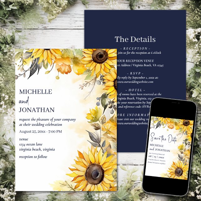 Vackert vattenfärgssolrosor Alla i Bröllop Inbjudningar (Printed and Digital - Beautiful Watercolor Sunflower All in One Wedding Invitation)