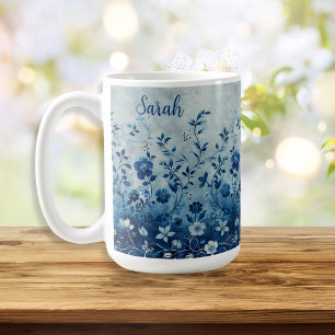 Vackert Vintage Blue Tropical Hawaiian Flowwved Kaffemugg