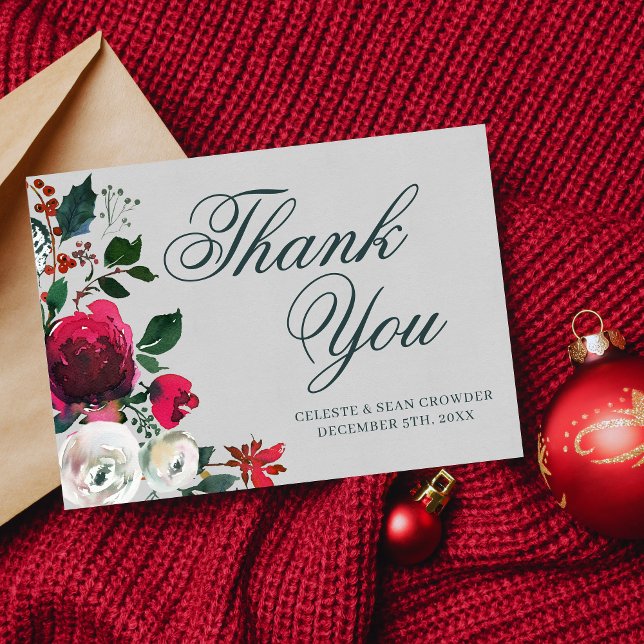 Vackert vintergrönt vattenfärgbröllop med högtidsb tack kort (Skapare uppladdad)