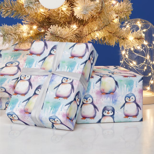Vackert Watercolor Baby Penguin jul Presentpapper (Helgdagar)