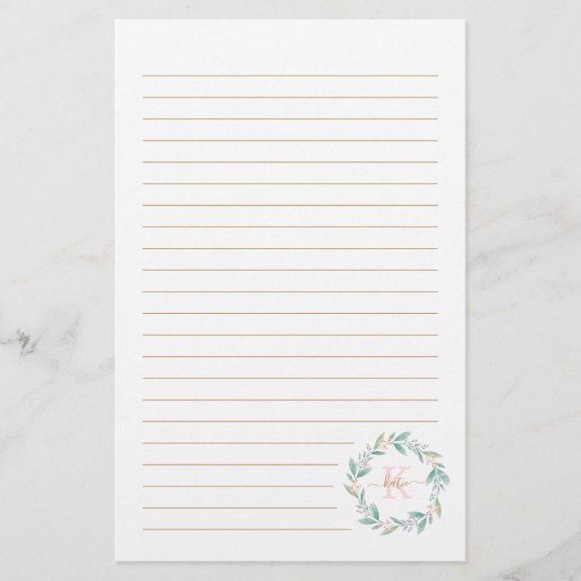 Vackert Watercolor Blommigt Wandeand Monogram Brevpapper (Framsida)