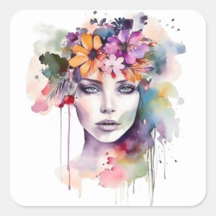 Vackert Watercolor Girl med blommor i hennes hår Fyrkantigt Klistermärke