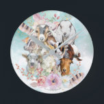 Vackert Watercolor GOAT Collage | från GetYerGoat™ Rund Klocka<br><div class="desc">Fina Watercolor GOAT Collage-målning av olika getraser på en blek blå vattenfärgsbakgrund accentuerad med vattenfärgsfjädrar och blommor- originalgetkonst av GetYerGoat™ En kollage av get porträtt som är målad i vattenfärger - (Samma vackra konstverk utan texten "Goats are God's Precious") med Boho stil blommigt och andra prydnadsämnen överst och grund. -...</div>