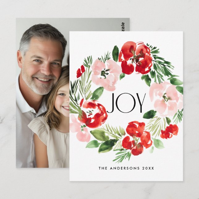 Vackert Watercolor-julkrans Joy Vykort (Fram/baksida)