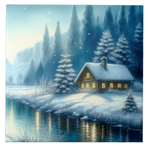 Vackert Winter River Landskap Kakelplatta