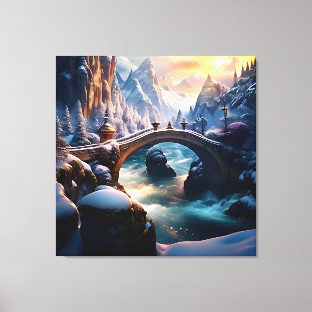 Vackert Winter Waterfall Vatten under Bridge 2 Canvastryck (Framsida)