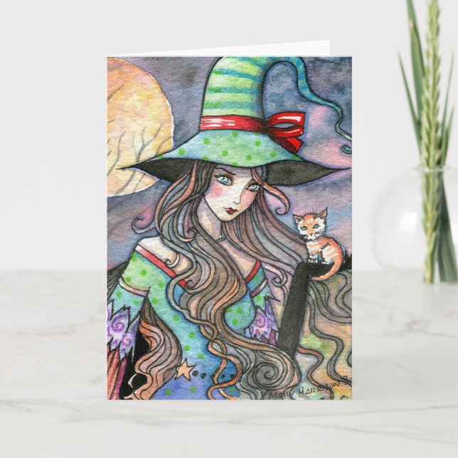 Vackert Witch och Tabby Kitten Halloween Card Kort (Framsida)
