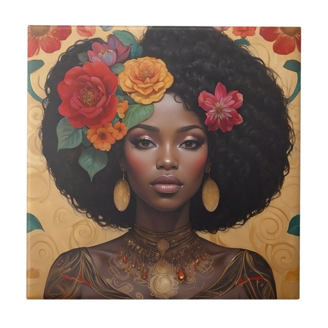 Vackra afrikanska kvinnor med blommor kakelplatta (Framsidan)