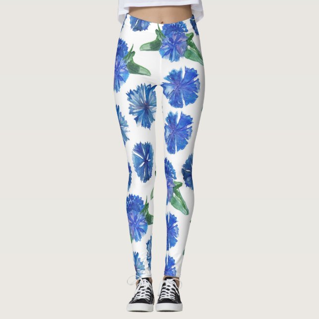 Vackra akvarell blå kornblommor leggings (Framsida)