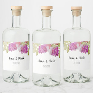 Vackra akvarell rosa blommor handmålade spritflaskor etikett