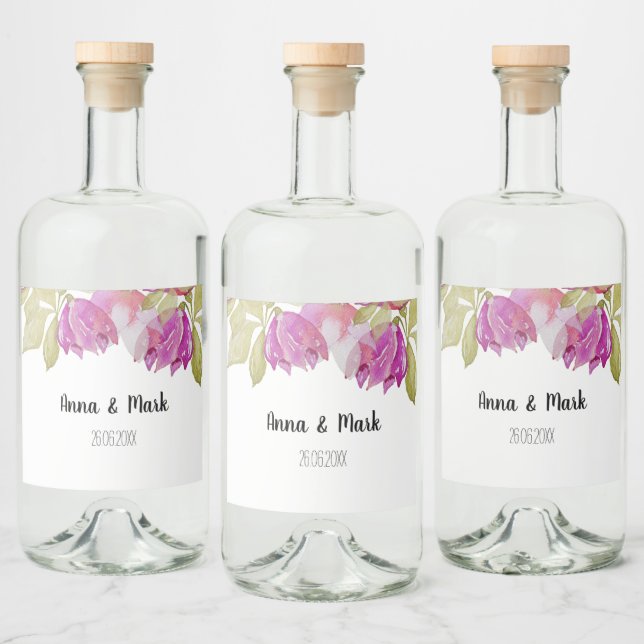 Vackra akvarell rosa blommor handmålade spritflaskor etikett (Flaskor)