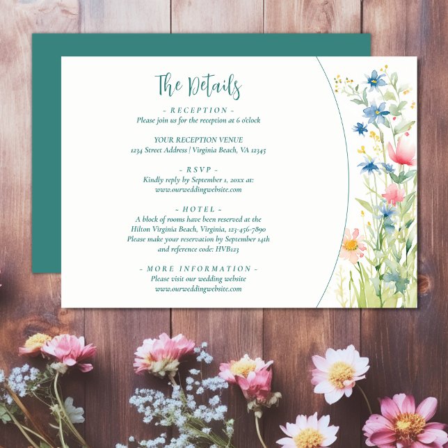 Vackra akvarell vilda blommor bröllopsdetaljer tilläggskort (Pretty Watercolor Wildflowers Wedding Details Enclosure Card)