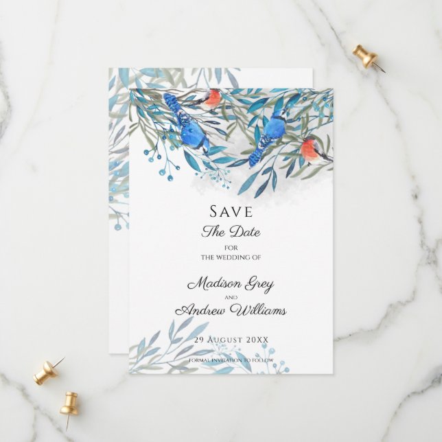 Vackra akvarellfåglar och lövverk spara datumet (Fram/Back In Situ)