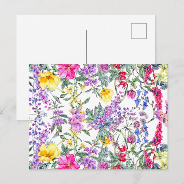 Vackra akvarellfärgade vilda blommor    vykort (Fram/baksida)