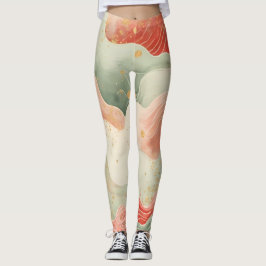 Vackra akvarellsvirvlar Röd/Grön/Guld design Leggings