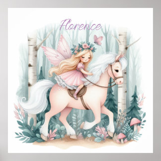 Vackra älvsflicka som rider i en förtrollad skog poster