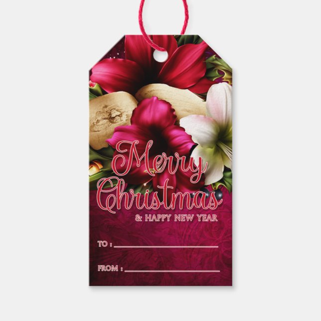 Vackra Amaryllis och Bok God jul Presentetikett (Framsidan)