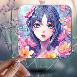 Vackra Anime Girl and Flowers Fyrkantigt Klistermärke