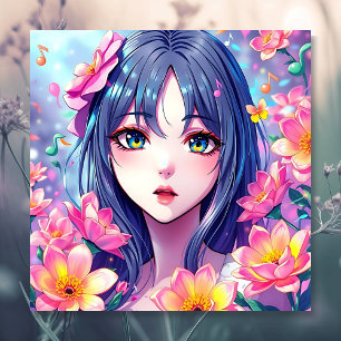 Vackra Anime Girl and Flowers Poster