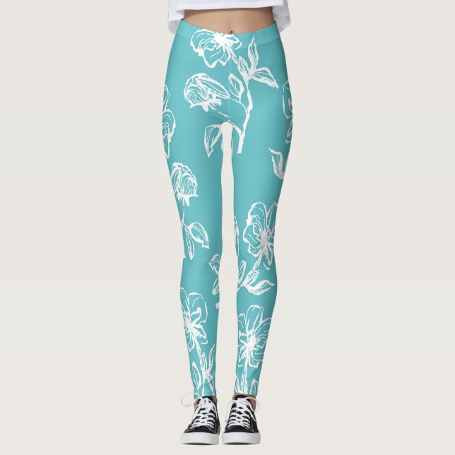 Vackra Aqua Blue Blommigt Leggings (Framsida)