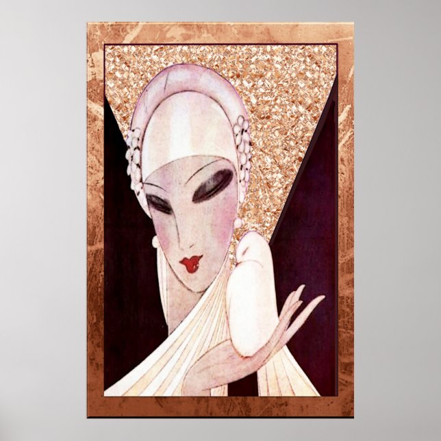 Vackra Art Deco Dam (med fågel) Poster (Framsidan)