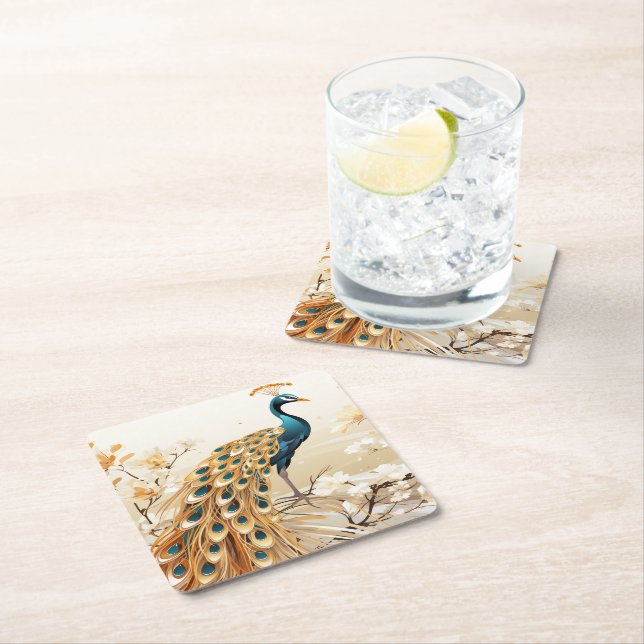 Vackra Art Deco Guld Teal Peacock White Flowers Underlägg Papper Kvadrat (Insitu)