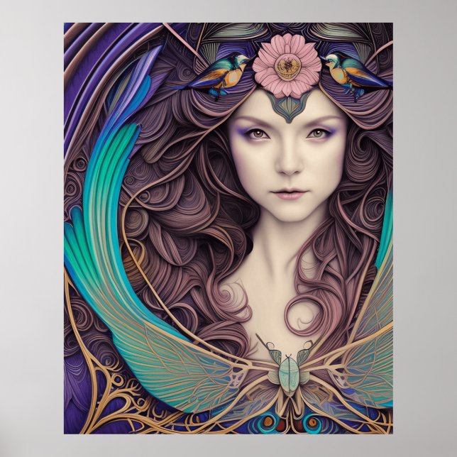 Vackra Art nouveau stil-blåtealen Poster (Framsidan)