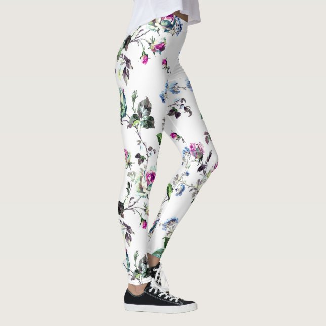 Vackra baljväxter av Rosa ros och blå Blommigt Leggings (Höger)