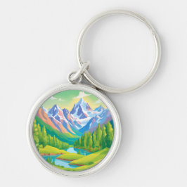 Vackra bergen rund silverfärgad nyckelring