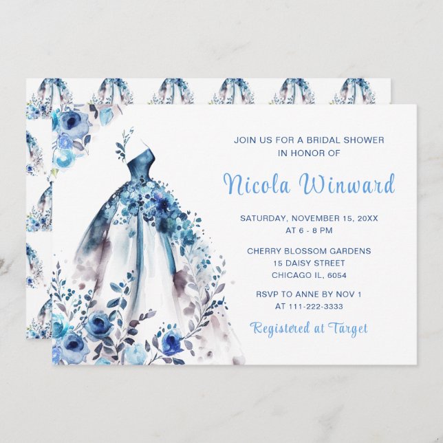 Vackra blå Blommigt Möhippa Inbjudningar (Fram/baksida)