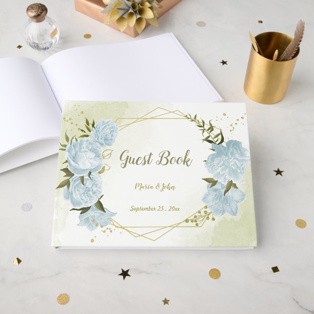 vackra blå blommor gröna blad geometriska gästböcker (Framsida Öppen)