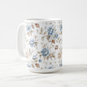 Vackra Blå Kräm Tan Bruna Blommor Kaffemugg