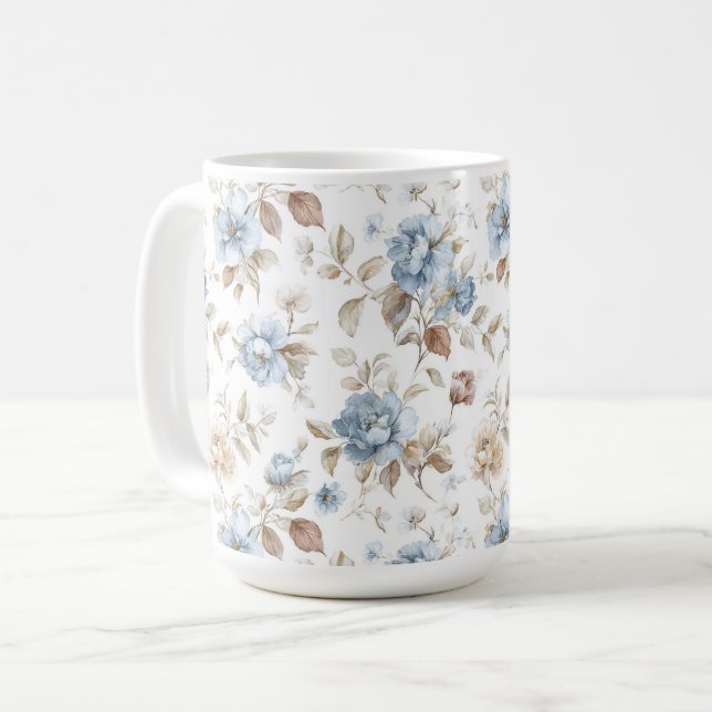 Vackra Blå Kräm Tan Bruna Blommor Kaffemugg (Framsida vänster)