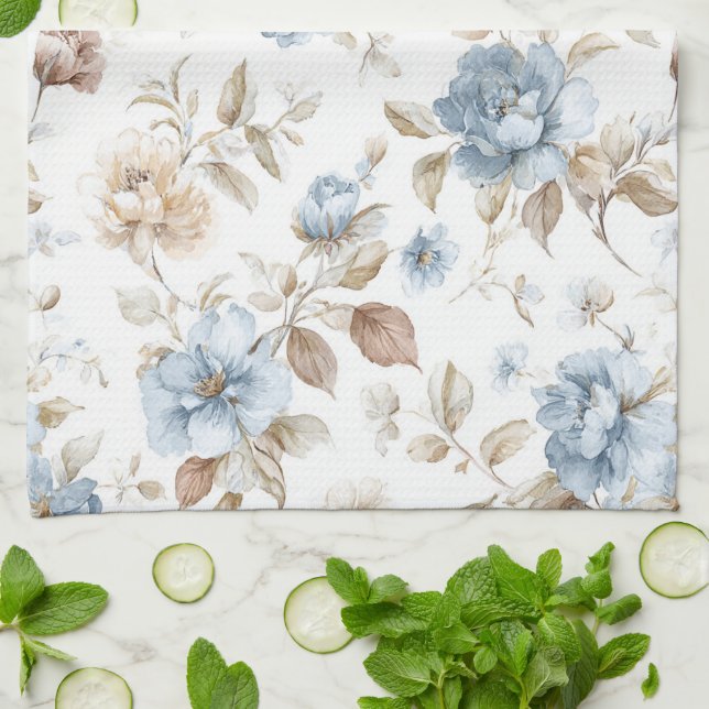 Vackra Blå Kräm Tan Bruna Blommor Kökshandduk (Vikta)