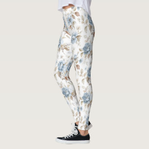 Vackra Blå Kräm Tan Bruna Blommor Leggings