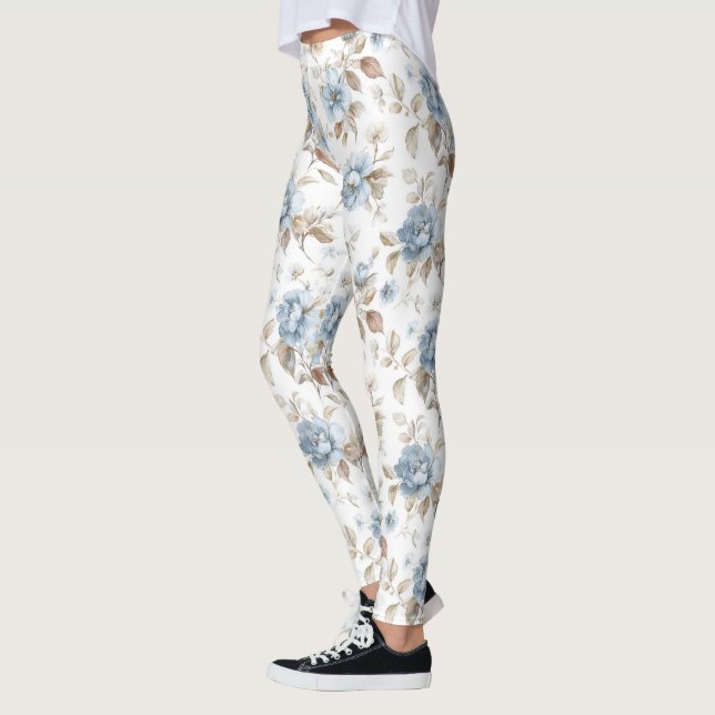Vackra Blå Kräm Tan Bruna Blommor Leggings (Vänster)